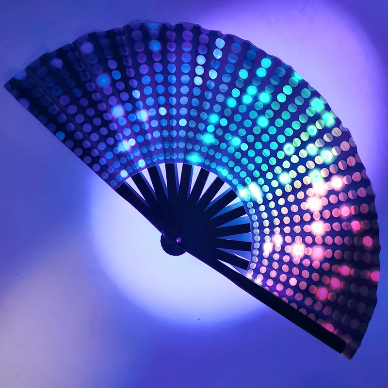 Foldable Reflective Folding Fan Colorful Dance Kung Fu Hand Fan Glow In The Dark Performance Dance Party Photography Props