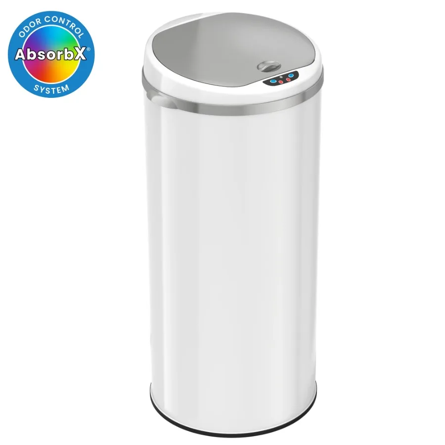 

Round Sensor Trash Can with Deodorizing Feature for Kitchen or Bathroom 13 Gallon Capacity Pearl White Finish with Stainless St