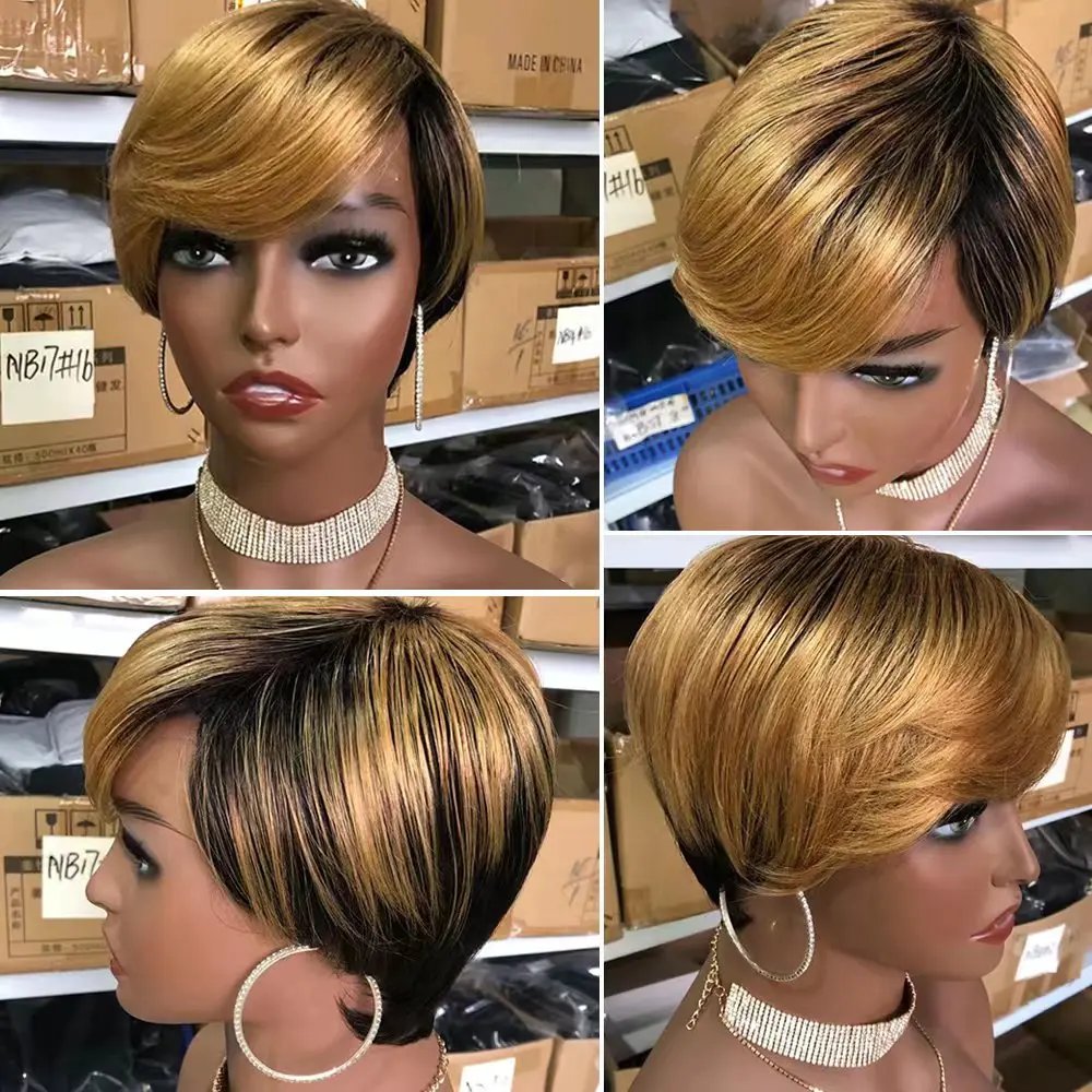 Pixie corta perucas de cabelo humano para mulheres negras, destaque, loiro mel, cor ombre, reto, Bob curto, T Part Lace, peruca frontal brasileira