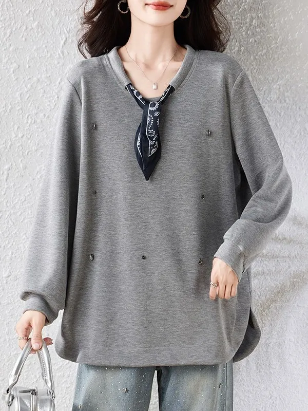 

September Stray Ink Fashionable Grey Scarf Hoodie Women's Loose Long Sleeve T-Shirt Spring 2026 New Style Korean Version Cott...