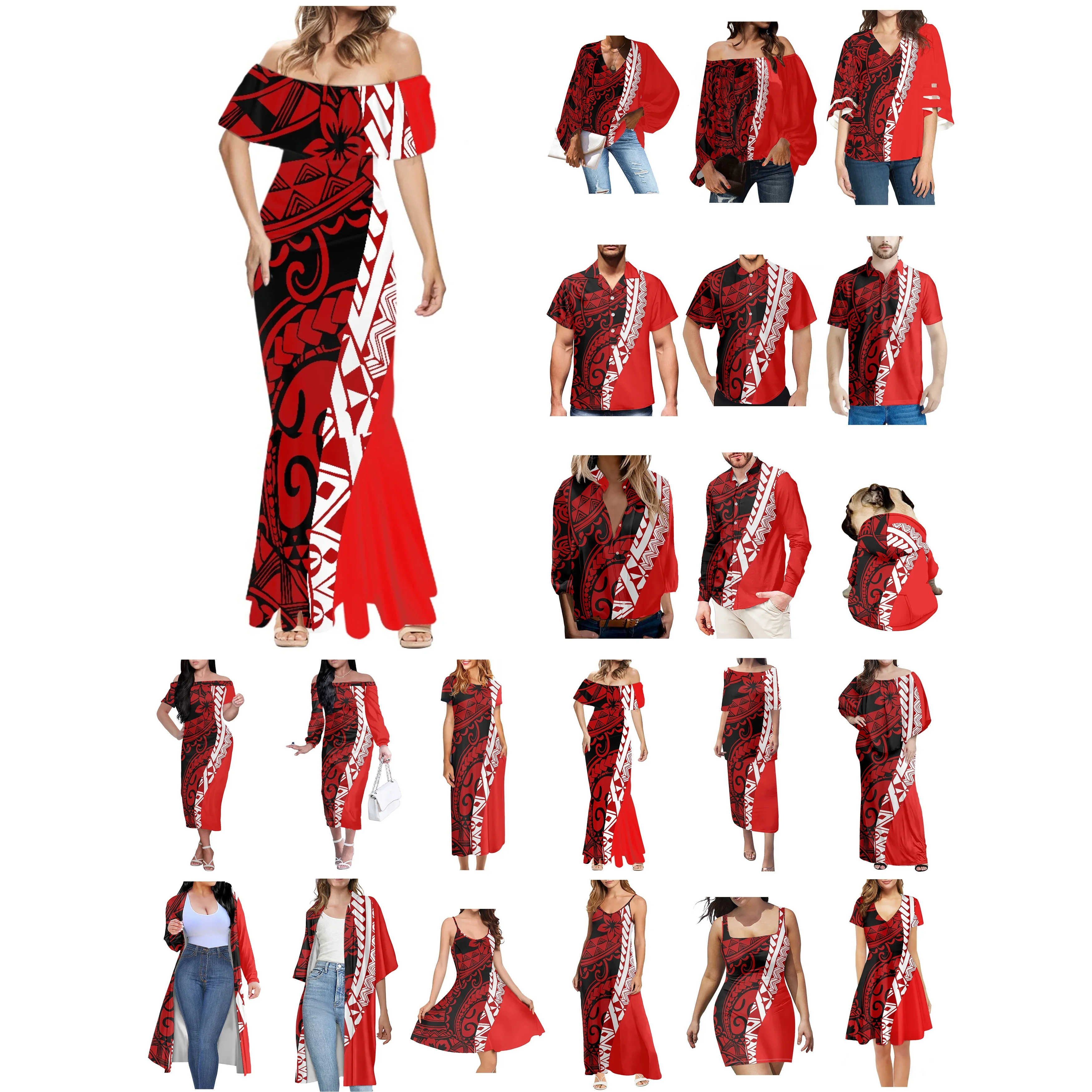 Polynesian Tonga Hawaii Fiji Guam Samoa and Pohnpei Tribal Tattoo Red Prints Couple Clothes Suits,Women Dress,Matching Men Shirt