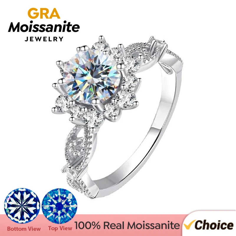 

Сертифицированное кольцо GRA 1 карат с муассанитом и круглым подсолнухом для женской повседневной носки, настоящее серебро 925 пробы, роскошные ювелирные изделия