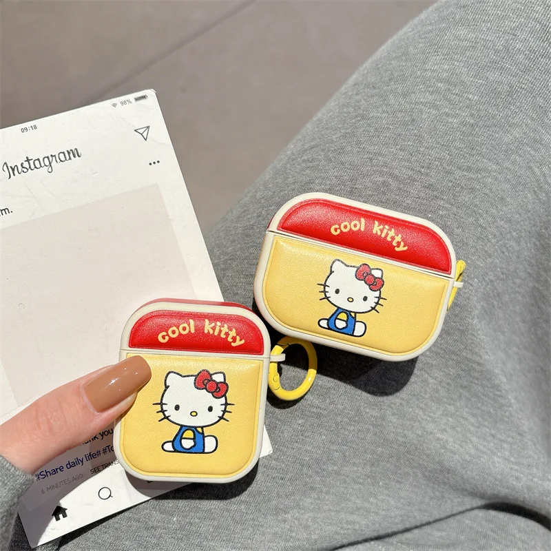 For Airpods 4 Case,Hello Kitty For Airpods Pro 2 Case,PU Leather TPU Red Yellow Earphone Cover For Airpods 1/2/3/4 Case Cover