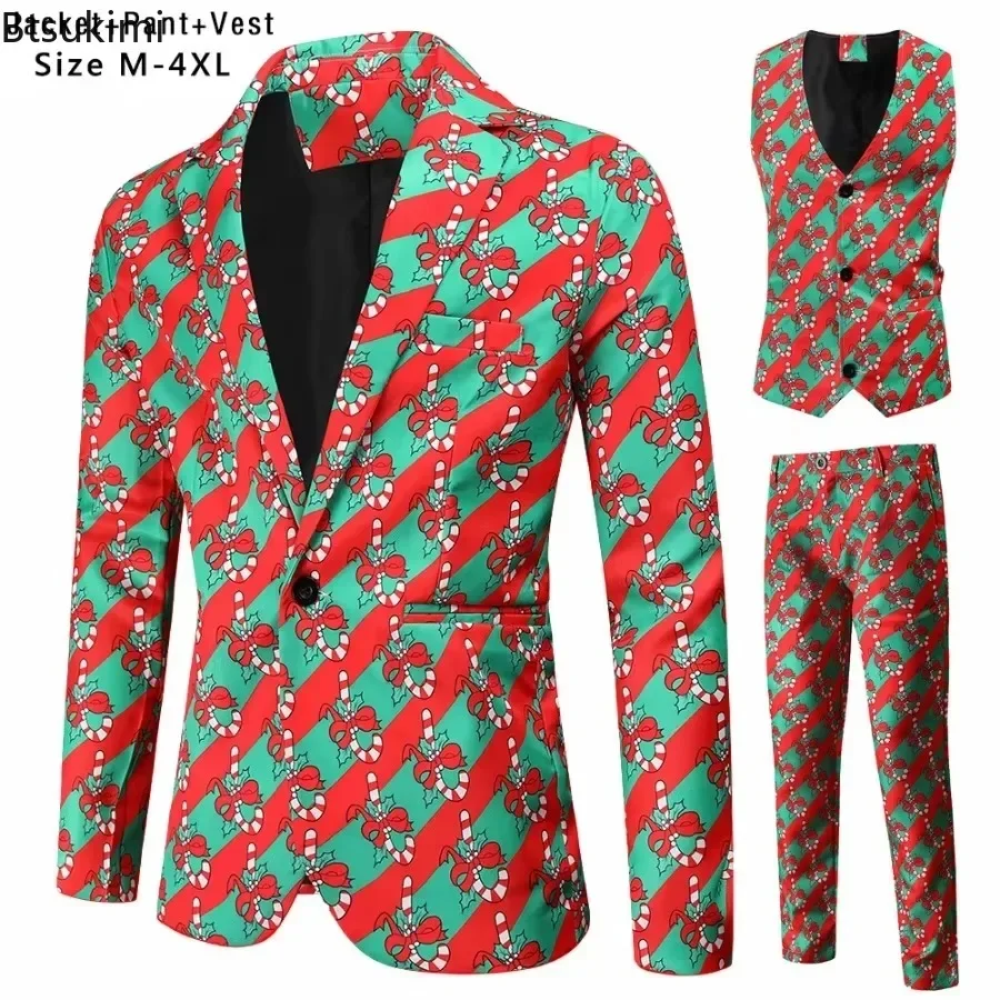 2024 Christmas Suits for Men Funny 3D Print Single-Button 3 Pieces Blazer Sets With Vest Trousers Fashion Casual Men's Clothing