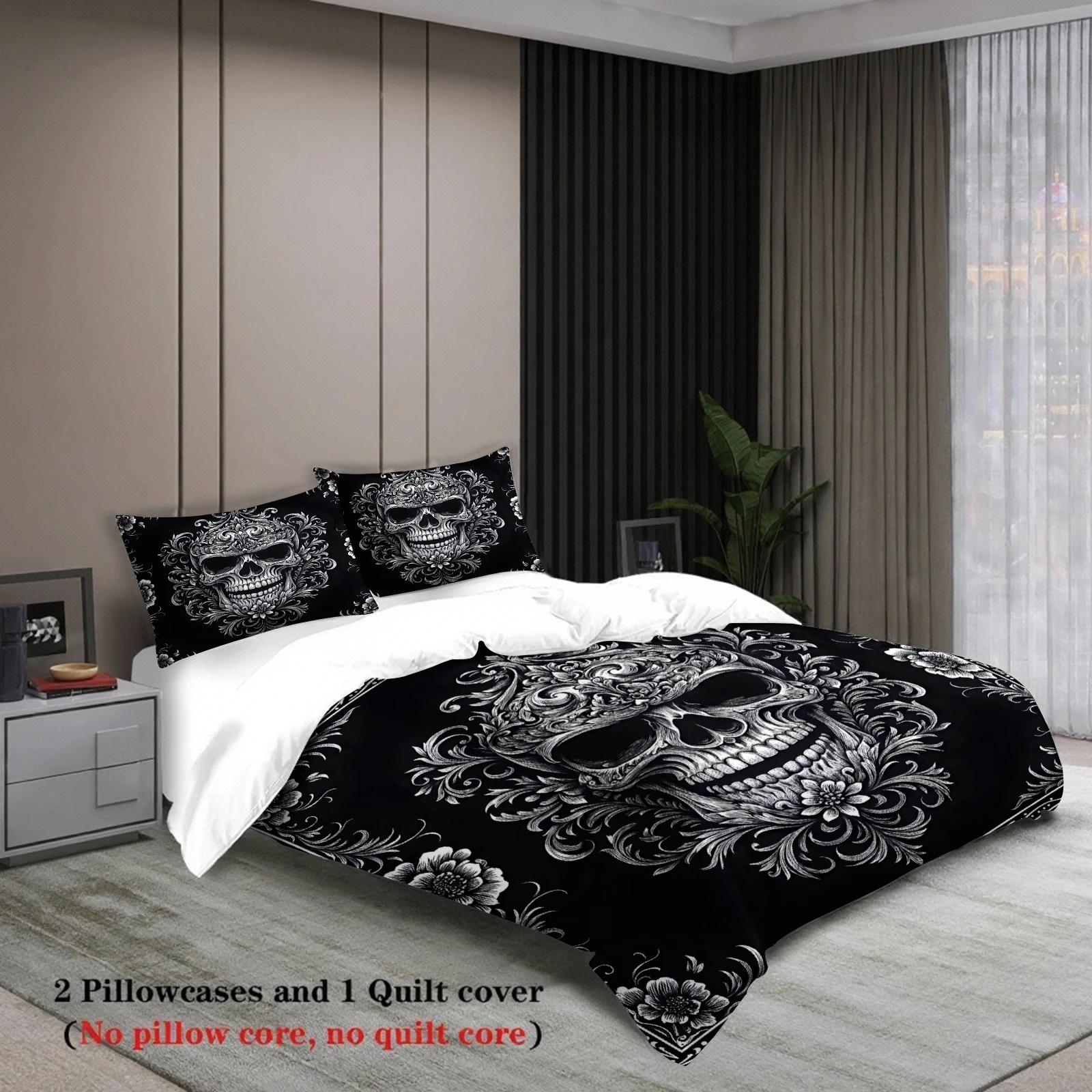 Vintage Floral Skull Duvet Cover Set Black White Ornate Skeleton Bedding Sets For Gothic Lovers Bedroom Twin Queen King Size