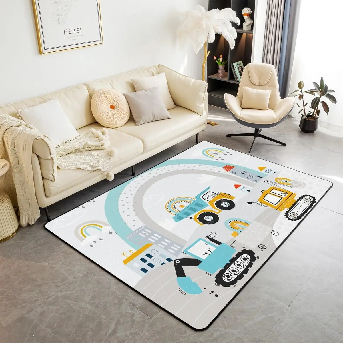 Cartoon Truck Carpet Construction Truck Vehicle Area Rug For Living Room Non Slip Excavator Floor Mat Cute Rainbow Decor Doormat