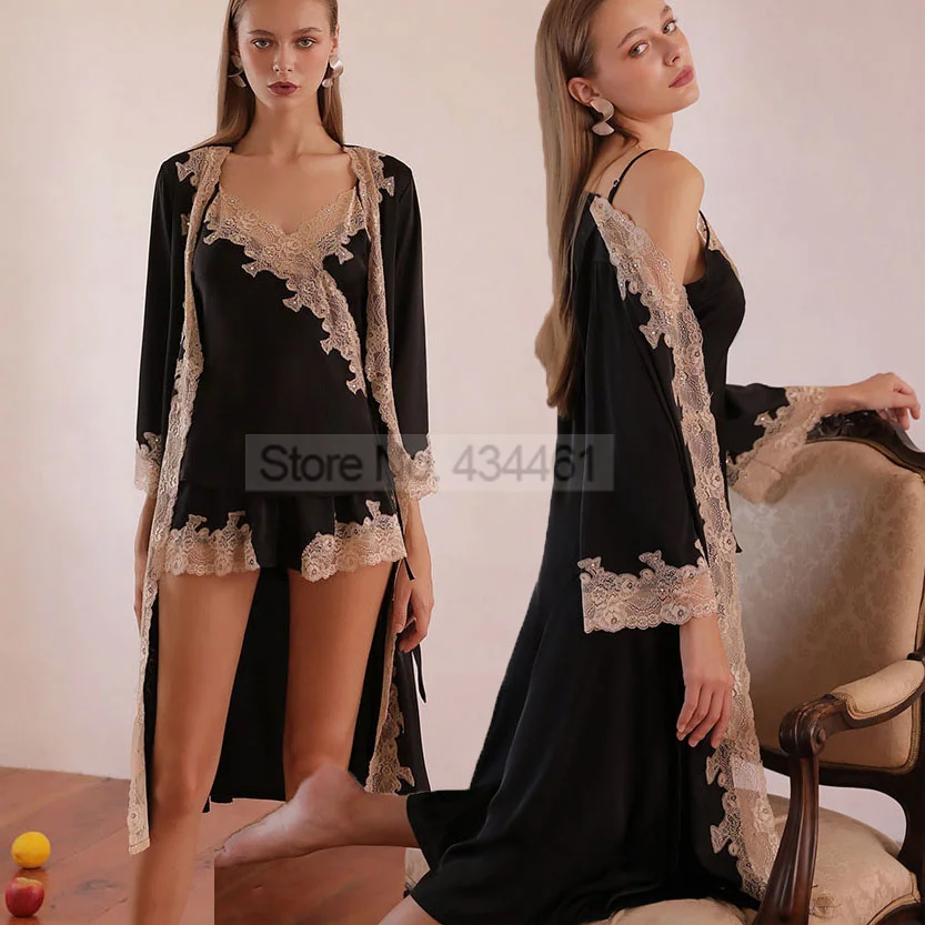 Lace Three Pieces Sleep Set Lady Pajamas Satin Patchwork Nightgown Kimono Robe Gown Suit With Shorts Summer Nightwear Home Wear