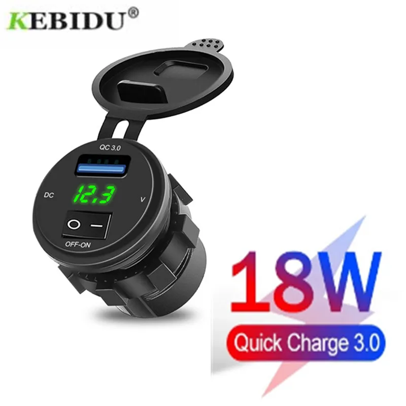 KEBIDU Quick Charge 3.0 USB Car Charger Socket Digital Display Voltmeter Charger Socket with ON-OFF Switch for Motorcycle