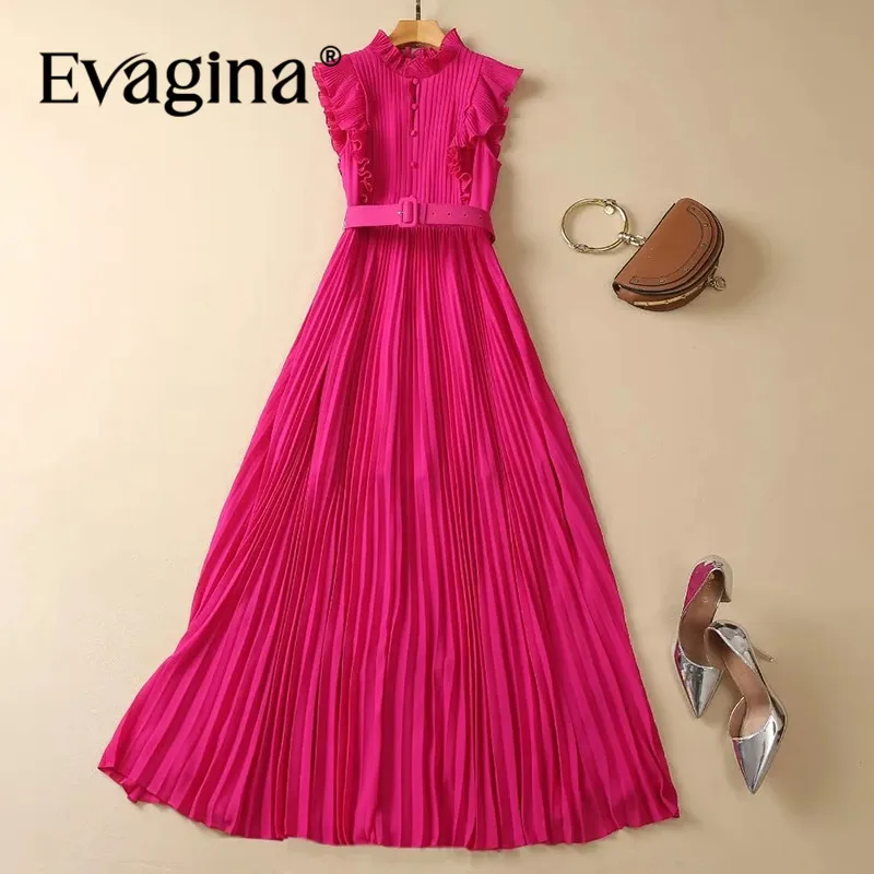 

Evagina Fashion Women's Chiffon Stand-Up Collar Flounced Edge Sleeveless Single-Breasted Belt Pleated High-Waisted Maxi Dress