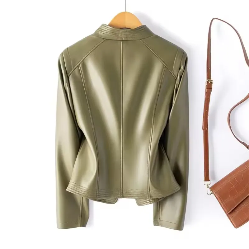 Fashion Leather Jacket Women's Short Slim Sheepskin Coat 2025 Spring Autumn Leather Jacket Long Sleeve Lapel Zipper Outwear