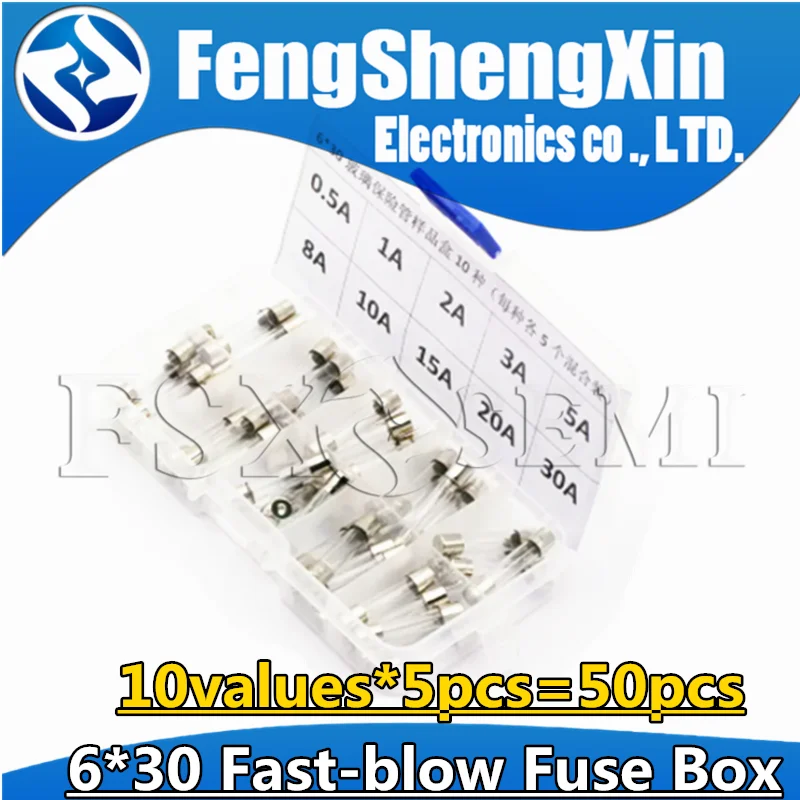 

10values*5pcs=50pcs 6*30 6x30 Quick Blow 6x30mm Glass fuse 0.5A 1A 2A 3A 5A 8A 10A 15A 20A 30A 250V 6*30mm Fast fuse Box