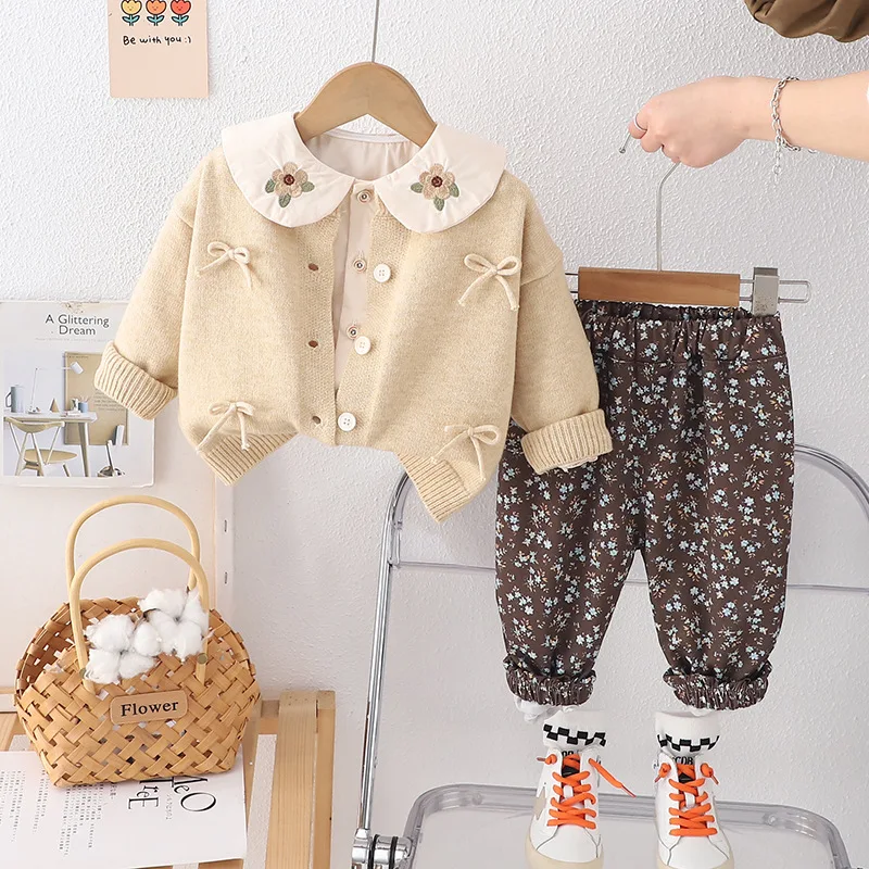 Bellbell Autumn Baby Girls 3PCS Set Flower Embroidery Kid Girls Peter Pan Shirts+bow Knit Sweater Cardigan Printed Pants Outfits