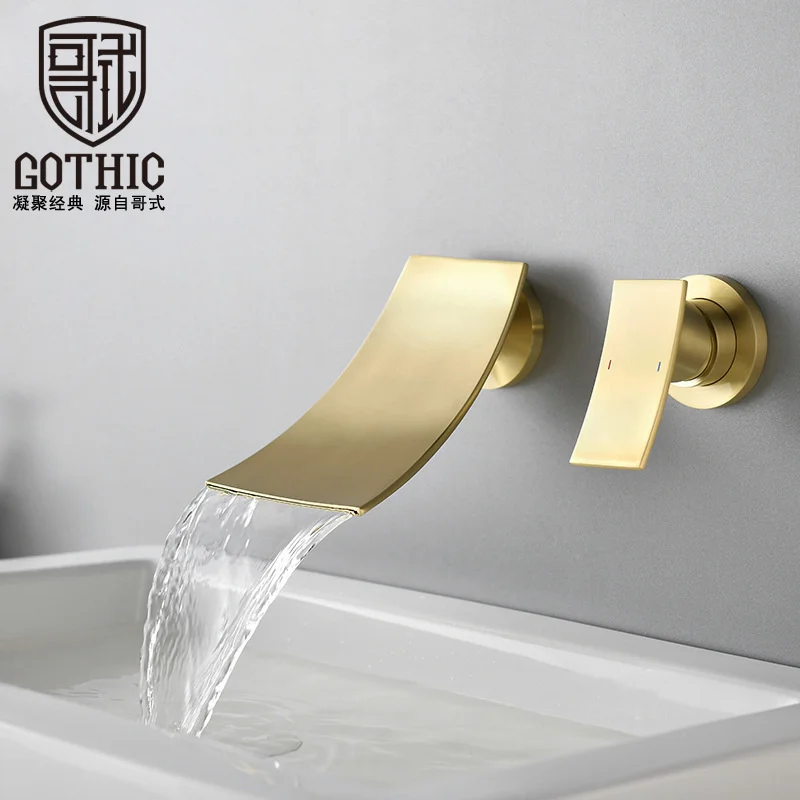 

Gothic Brushed Gold Embedded Waterfall Basin Faucet Wall Mounted Cold&Hot Water Mixer Black Sliver Concealed Washbasin Tap