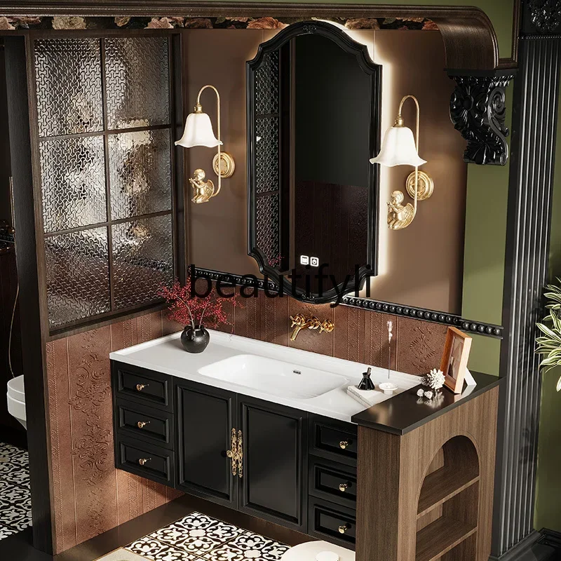 

ss 25 New French oak bathroom cabinet ceramic integrated basin combination bathroom retro washstand