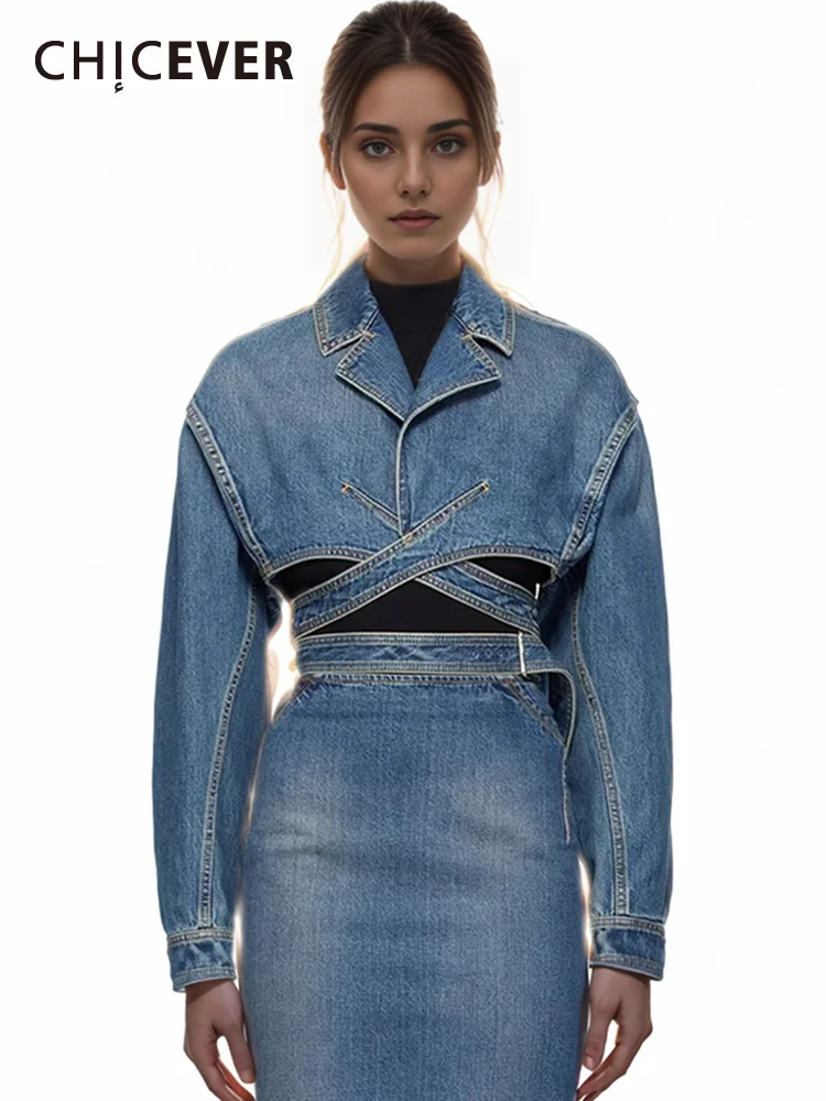 

CHICEVER Casual Minimalist Denim Coats For Lapel Long Sleeve Crisscross Folds Streetwear Vintage Slimming Jackets Female 2024