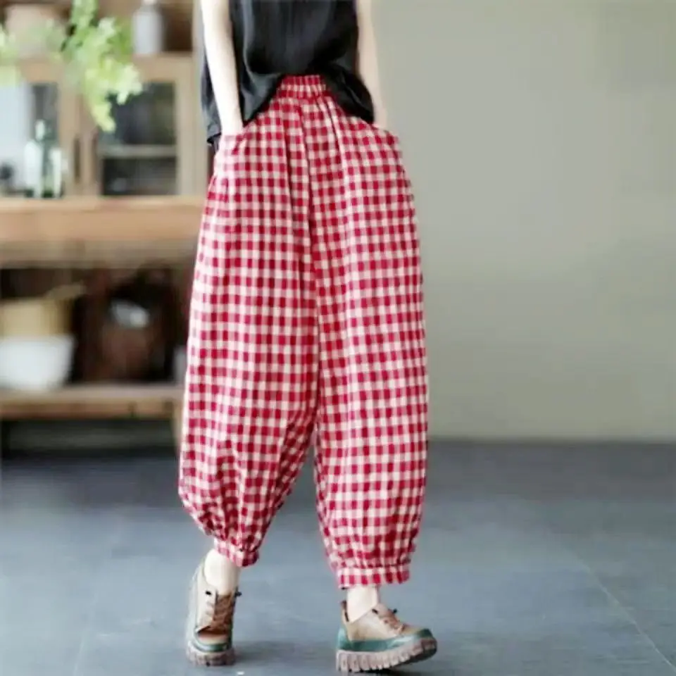 2022New Spring Vintage Plaid Flax Loose High Waist Bloomers Women\'s All-match Pocket Thin Elastic Waist Harem Femme Casual Pants