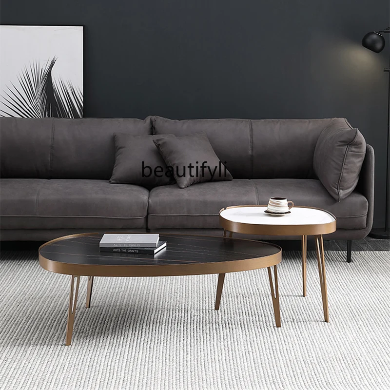Italiaanse Hoge En Lage Salontafel Licht Luxe Ijzeren Stenen Plaat Ontwerper Ovale Bijzettafel