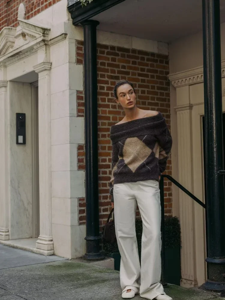 

Long Sleeve Solid Loose Sweater Lady Daily Commute Street Sweaters 2025 Casual Diamond Grid Knitted Pullover Women Off-shoulder