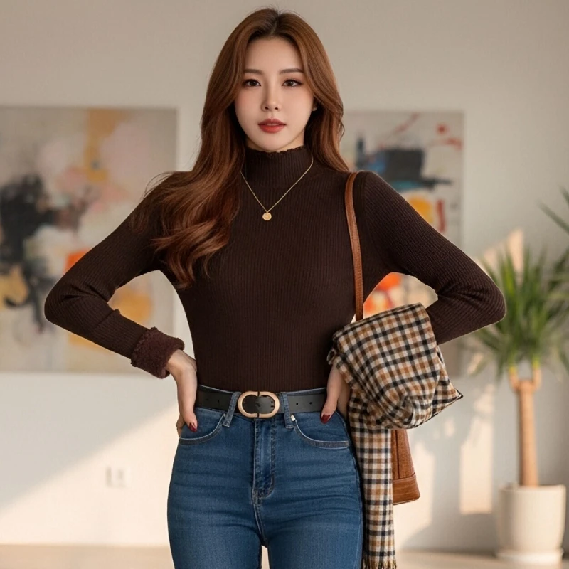 

Sweet Half High Neck Velvet Solid Color Black Fungus Edge Women's Knitted Sweater Autumn Winter Korean Slim Fit Soft Tops New