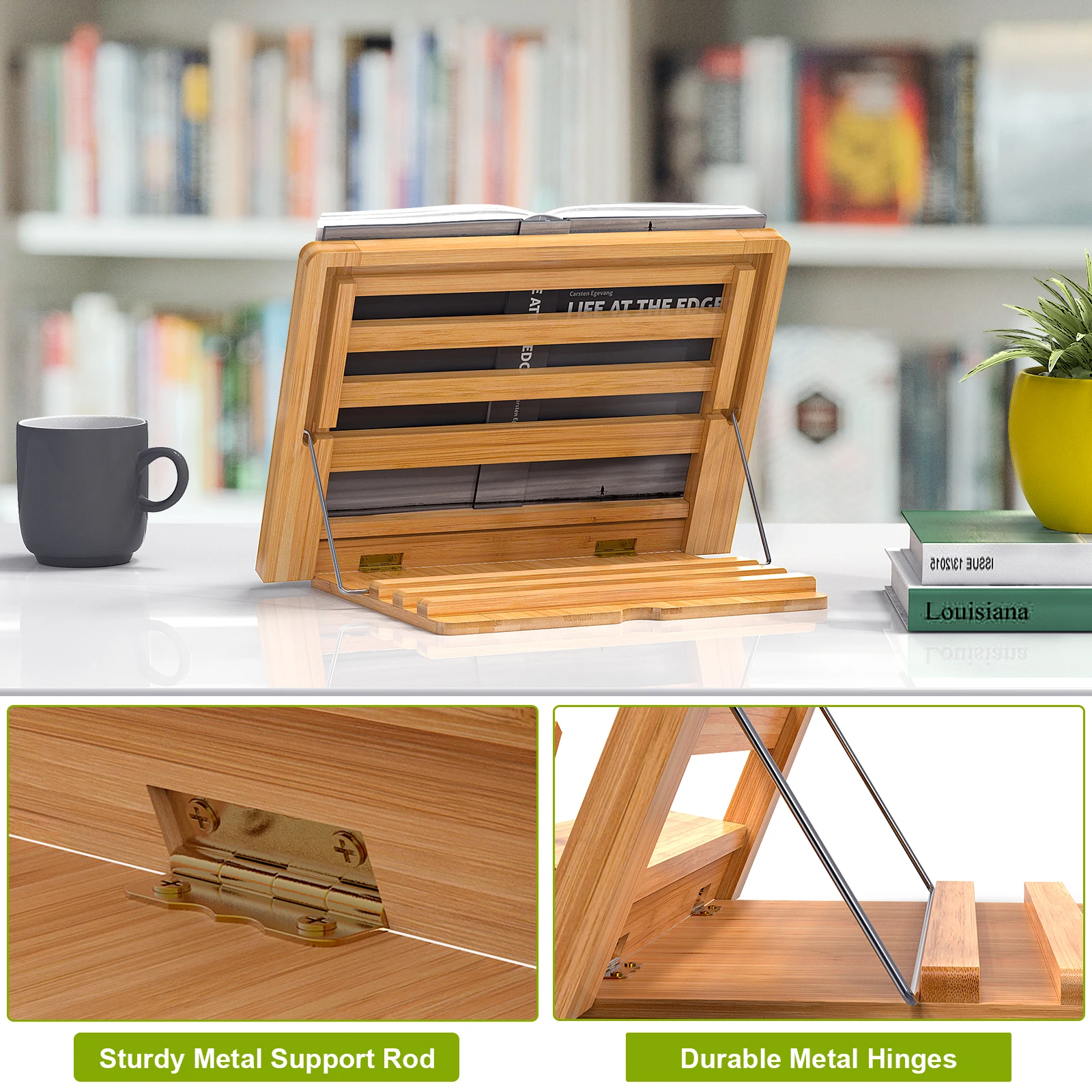 Bamboo Wood reading book stand adjustable foldable phone or PC stand lightweight cook recipe holder