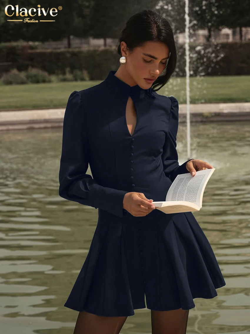 

Clacive Fashion Loose Dark Blue Women's Dress 2026 Spring Stand Collar Long Sleeve Mini Dresses Elegant Hollow Out Female Dress