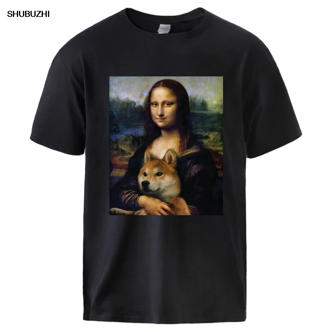 Mona Lisa Shiba Inu Doge Tshirt Man Casual Short Sleeve Cotton T shirts Tee Summer Man High Quality Loose Streetwear Tshirt