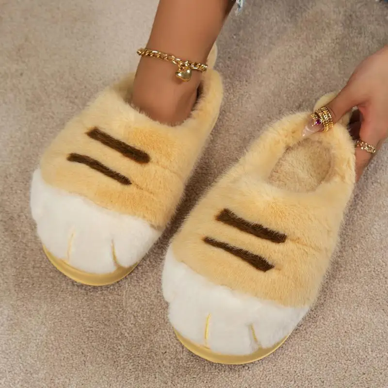 Cat Paw Slippers Soft Fuzzy Kitty Slippers For Women Cute Fun Animal Slippers Cat House Shoes Non-slip Sole For Women