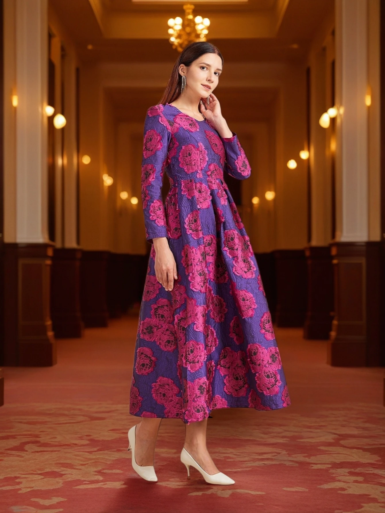Luxury Long Jacquard Dress for Women Maxi Autumn Winter Party Dress Boho Floral Fashion Evening Clothing Vintage Robe