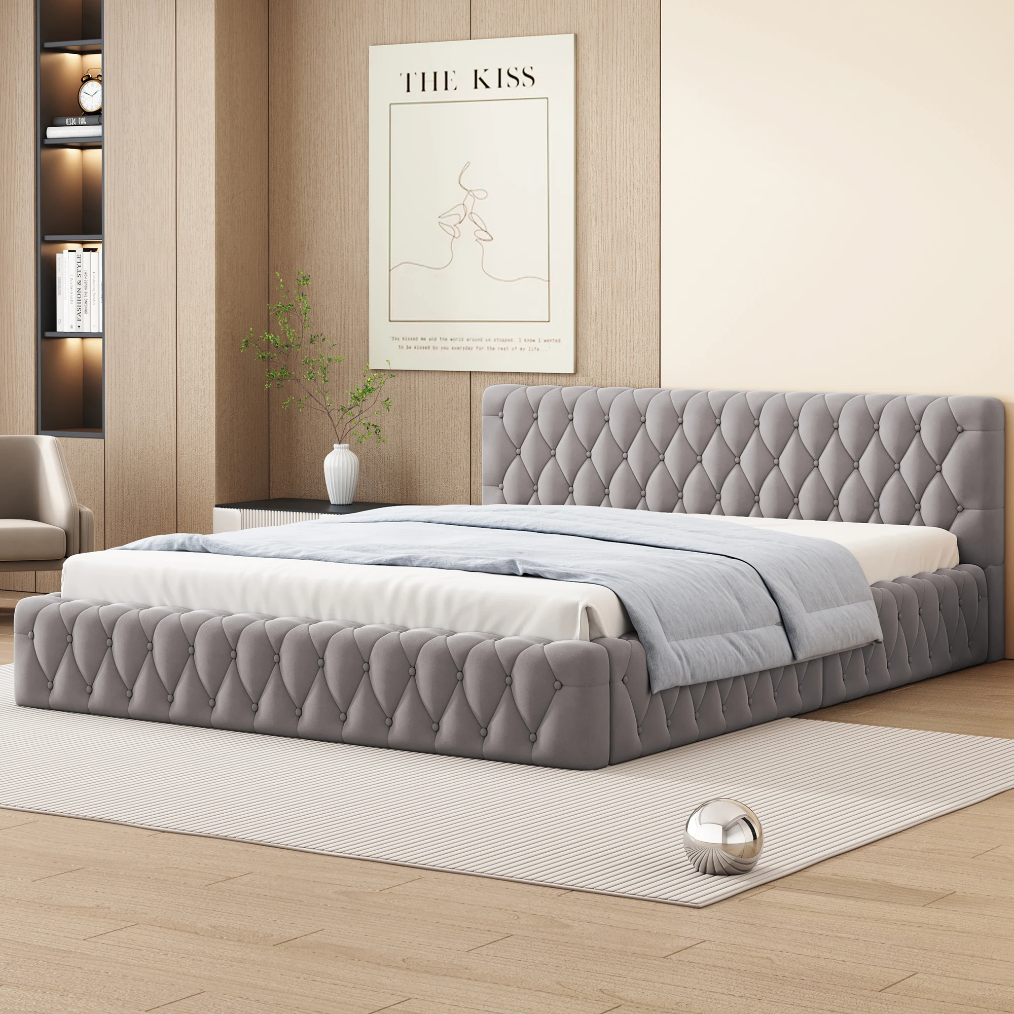 Upholstery bed Youth double bed 140x200 cm skin-friendly velour, Gray