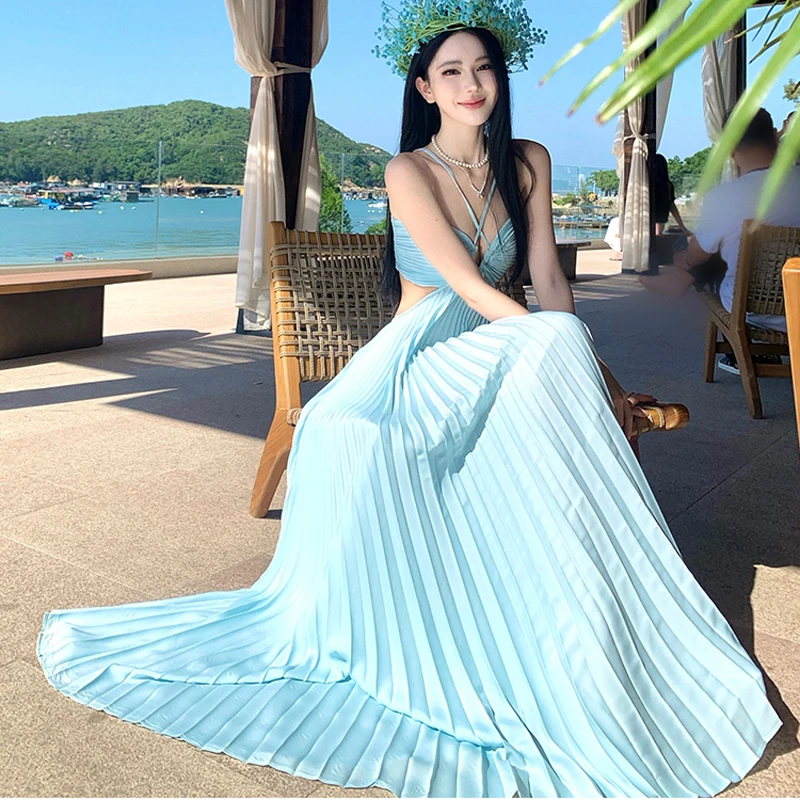 レディースボヘミアンロングプリーツドレス女性の夏のエレガントなセクシーなオフショルダーバックレススリムホリデーパーティードレス Vestidos