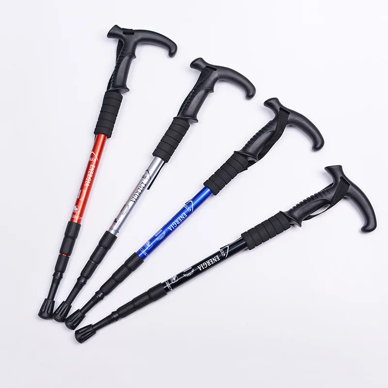 Outdoor Aluminum Alloy Four Sections T Handle Telescopic Hiking Poles Travel Climbing Lightweight Anti-Fall Walking Stick