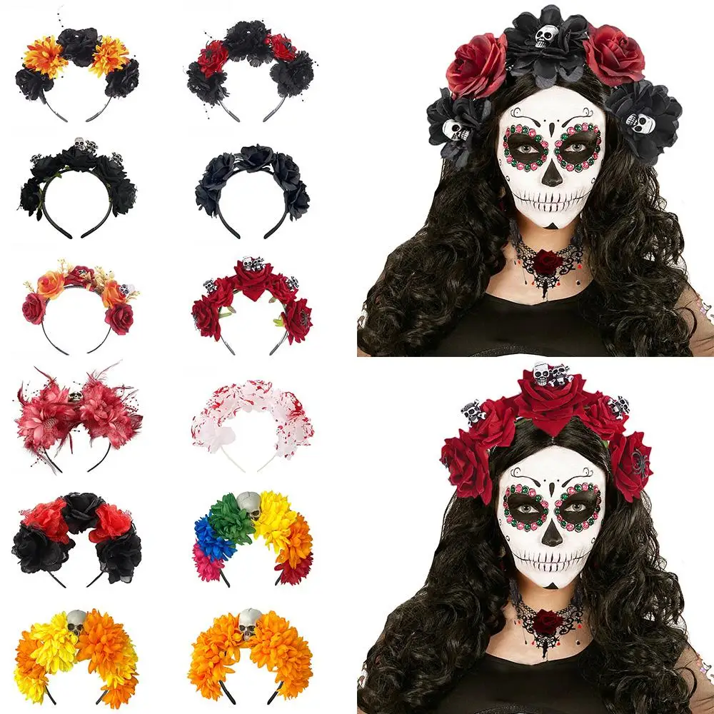 Tocado único de calavera de araña para Halloween, accesorios para el cabello para disfraz de fiesta, corona de flores rosas mexicanas, tocado de Mardi Gras para mujer