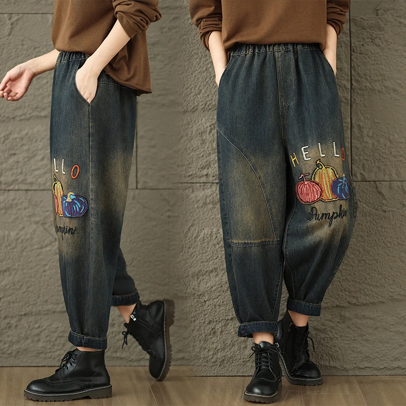 

Retro Embroidered Denim Jeans Women's Loose Patchwork Cuffed Nine-Piece Casual Harlan Pants High Waist Thi Autumn Winter