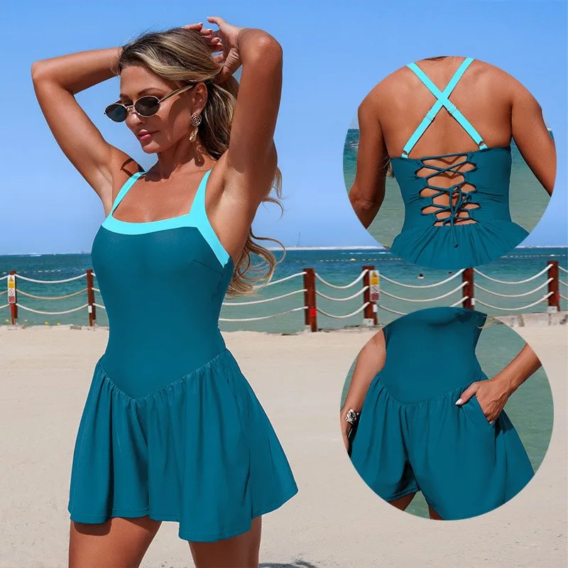 Woman 2026 Sleeveless Solid Color High Stretch Skirted Hem Square Neckline Thin Straps Lace Up Back Olive Green Swimsuit view 4
