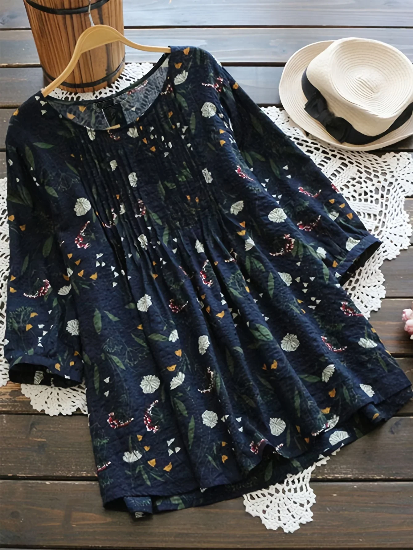 女性のプラスサイズ 1XL-5XL ファッション花柄プリント 3/4 袖ブラウスシャツレディースカジュアルルーズレトロカラーシャツブラウストップス