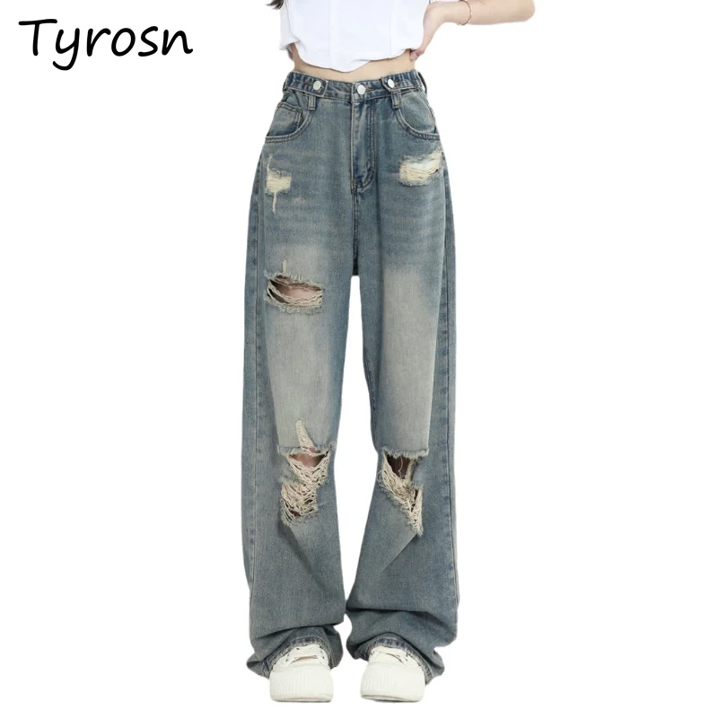 

Denim Hole Jeans for Women Button Do Old Wide Leg Summer High Waist Y2k All-match Harajuku American Style Schoolgirls Creativity