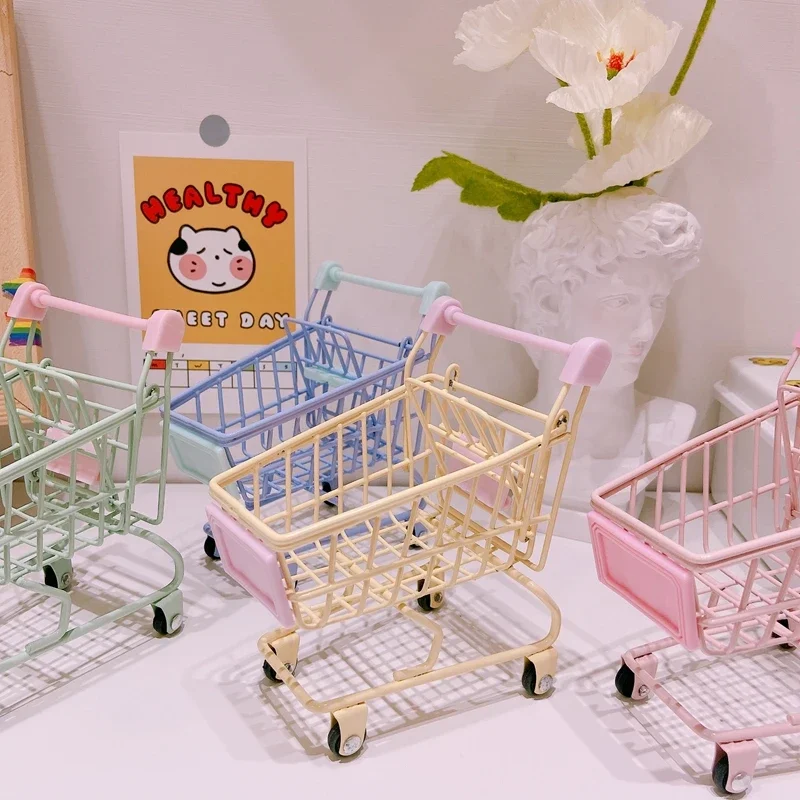 Mini Supermarket Trolley Kawaii Girl Heart Cosmetic Powder Puff Adhesive Tape Storage Photo Prop Desktop Ornaments Decorate Iron