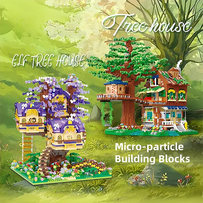 크리 에이 티브 DIY 트리 하우스 마이크로 블록 MOC 아키텍처 모델 빌딩 키트 어린이를위한 교육 건설 장난감 선물