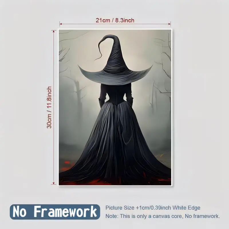 No Framework Canvas Wall Art, Black Witch in Foggy Forest Gothic Design - 21x30cm w/White Edge, Dark Mystical Decor for Hallowee