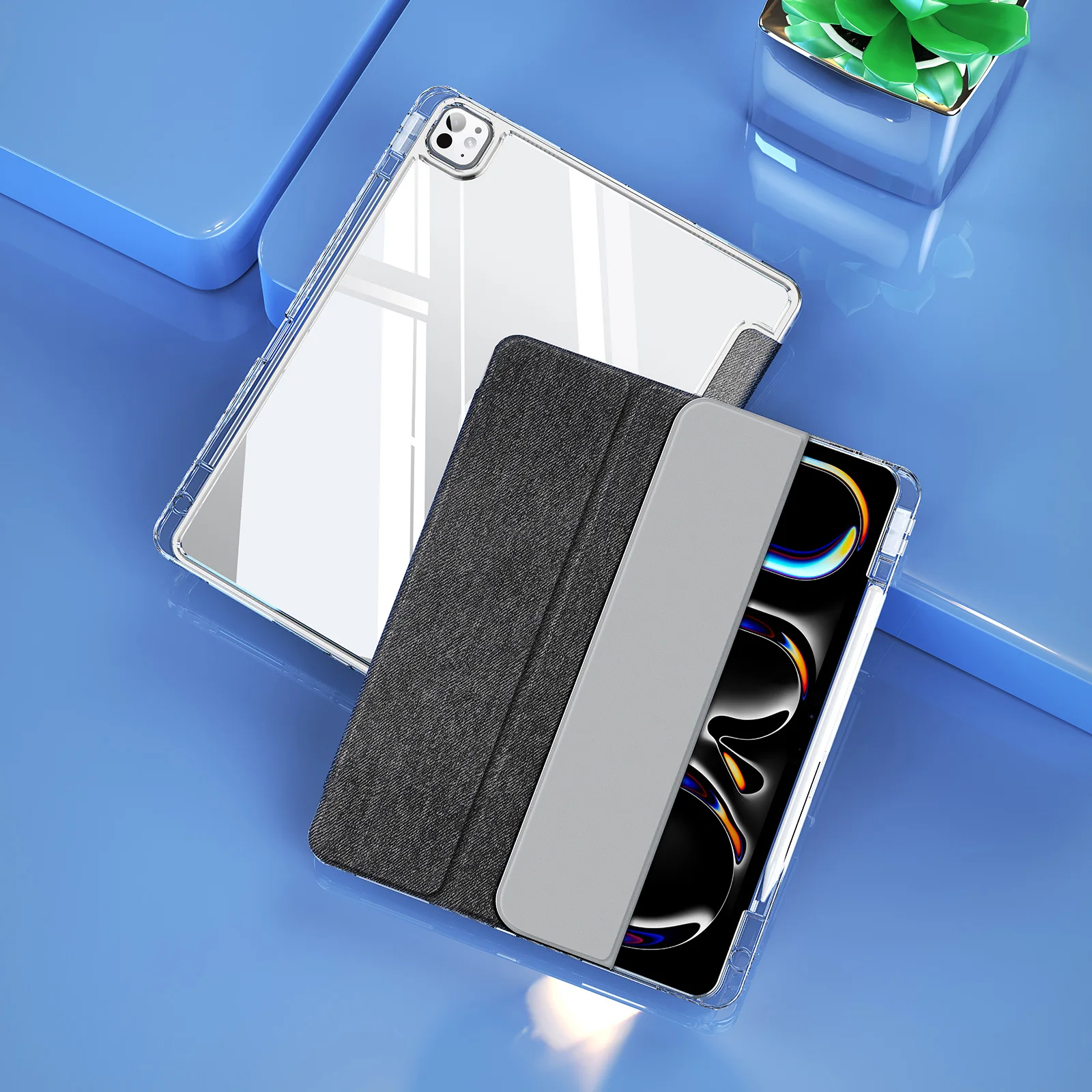 Crystal Backplate Foldable PU Leather Tablet Case For iPad Pro 13 11 2024 12.9 11 2022 2021 2020 Full Protection Smart Cover