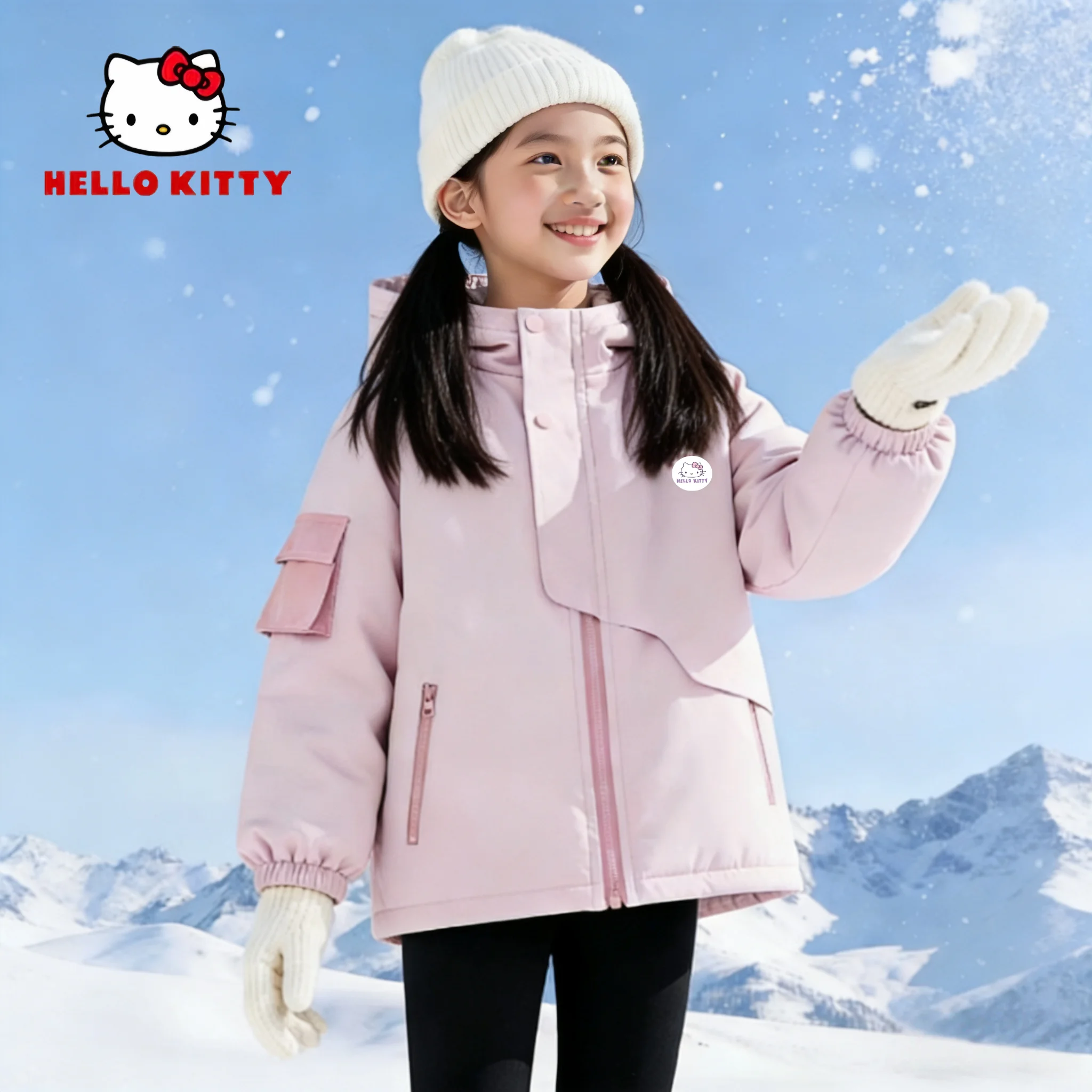 

Детская зимняя хлопковая стеганая куртка Hello Kitty, утепленная морозостойкая куртка для девочек, утолщенная хлопковая куртка с капюшоном на молнии