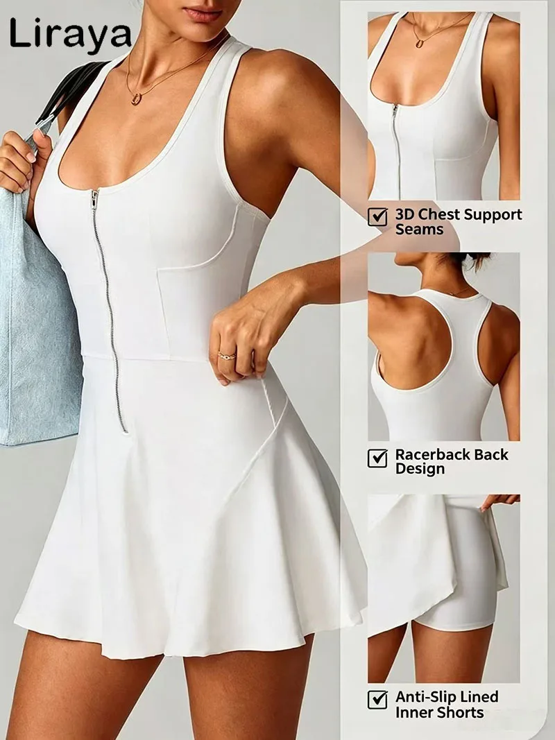 Women Tennis Pickleball Dress Sleeveless Slim with Chest Pad Fitness Dress Half Zipper A-lined Athletic Skirts with Inner Short