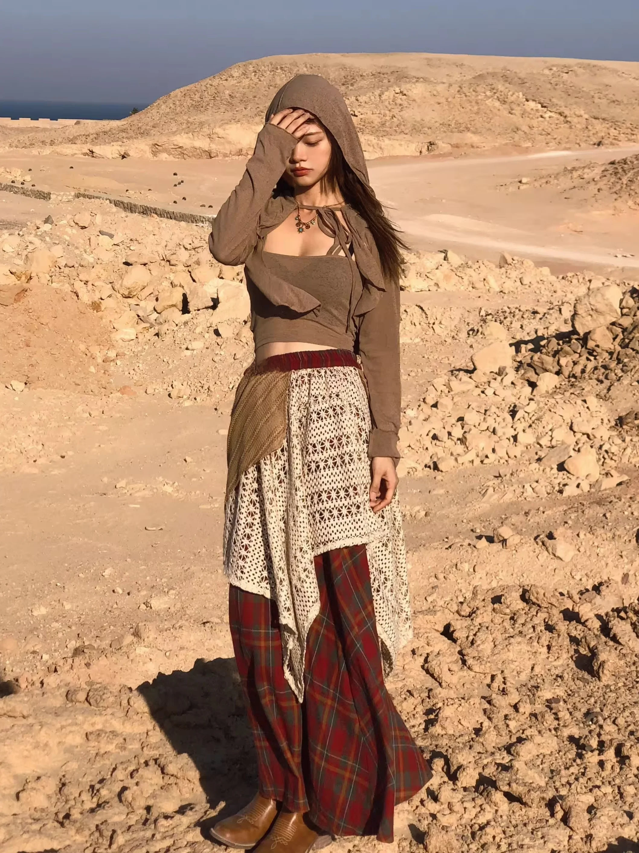 High Waist A-Line Midi Skirt Women's Early Autumn Travel Desert Prairie Tour Patchwork Half-length Skirts Girls' Loose Fit