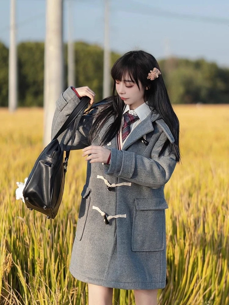

Japanese Inspired Gray Black Horn Button Coat 2025 Women’s Hooded Thick Woolen Jacket Casual College Look Small Stature