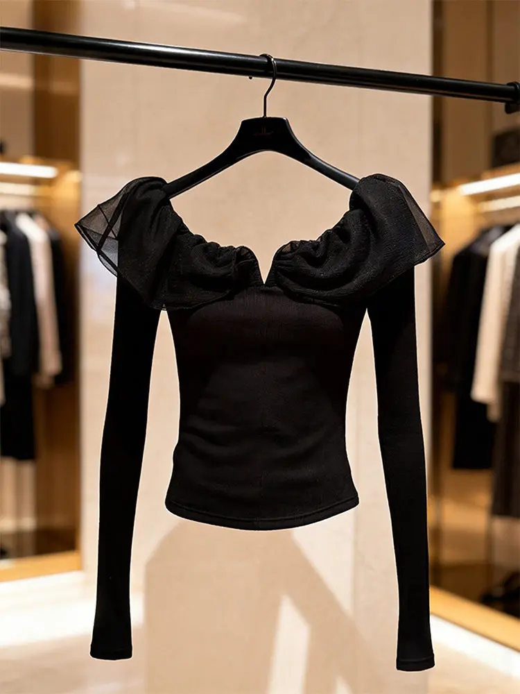 

Ele Bla Hepburn Sle irt с кружевной отделкой, Новое поступление, зимняя женская футболка премиум-класса Faion, корейская футболка для поездок на работу