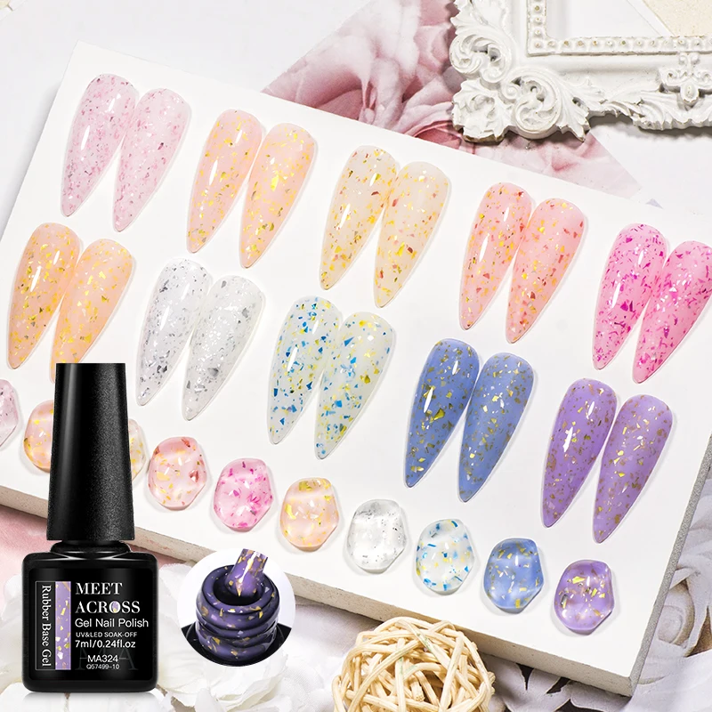 Description Picture 5 of itemMEET ACROSS 7ml Gold Blue Foil Glitter Rubber Base Gel Self-leveling Semi Permanent Soak Off UV LED Gel Varnish Top Coat Manicur