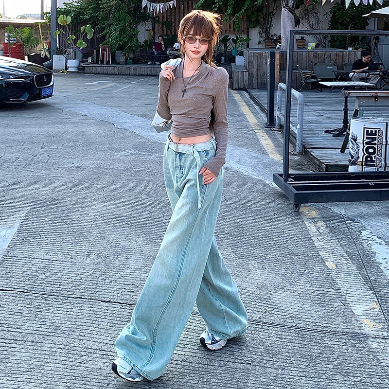 Dżinsy damskie Y2k Jasnoniebieskie Jesienne Casualowe z wysokim stanem Proste nogawki Szerokie spodnie z paskiem Modne