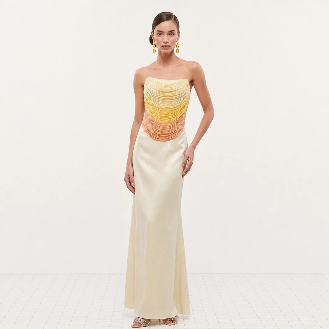 Elegant ong Satin Tube Dress Sexy Strapless Backless Gradient Tassel Bodycon Bandage Dresses Slim Fit Dinner Evening Party Gowns