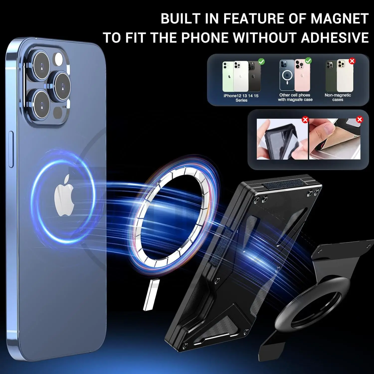 New Built‑in Magnetic Metal Card Holder For Magsafe, RFID Blocking Anti‑Skimming Wallet With AirTag Slot Phone Back Pocket Daily