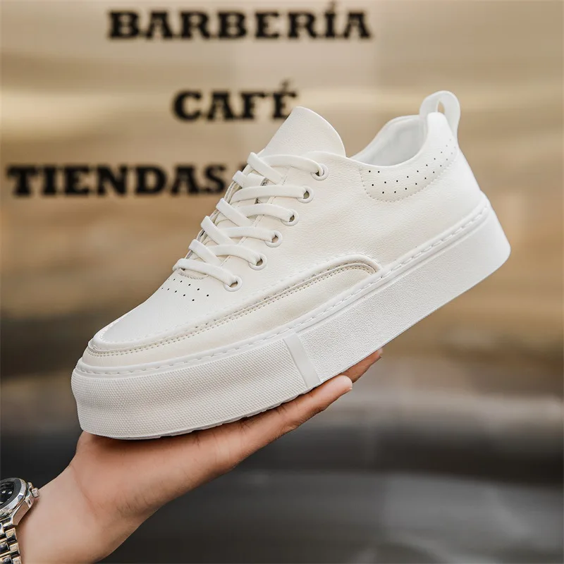 

Korean style men's casual white shoes breathable genuine leather flats shoe youth stylish platform sneakers designer footwear